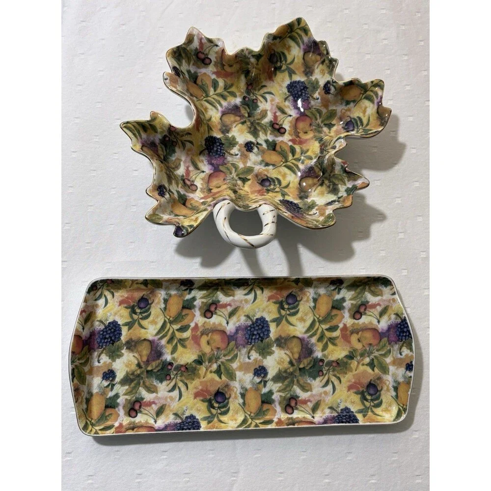 Vintage Royal Danube Fruit Pattern Porcelain Set Leaf Candy Dish & Serving Tray